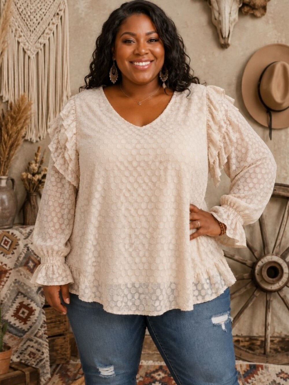 Blu Pepper Cream Textured Ruffle Sleeve Blouse Size 1x